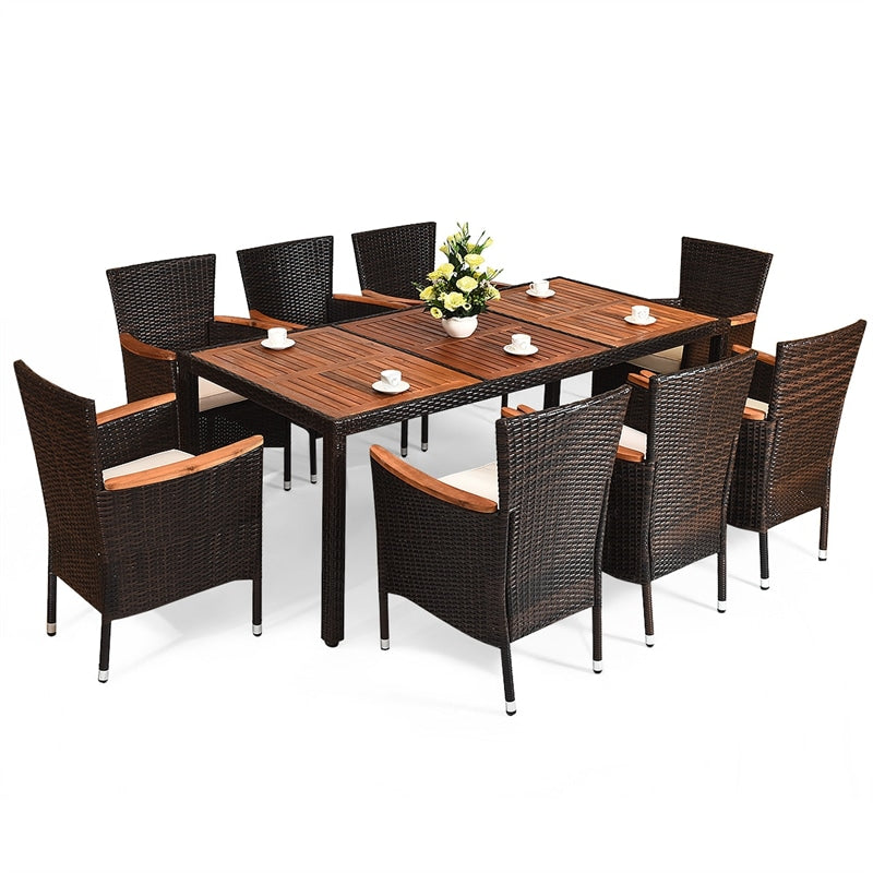9 Piece Rattan Patio Dining Set with Acacia Wood Tabletop & Cushioned Stackable Armchairs