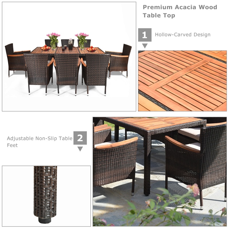 9 Piece Rattan Patio Dining Set with Acacia Wood Tabletop & Cushioned Stackable Armchairs