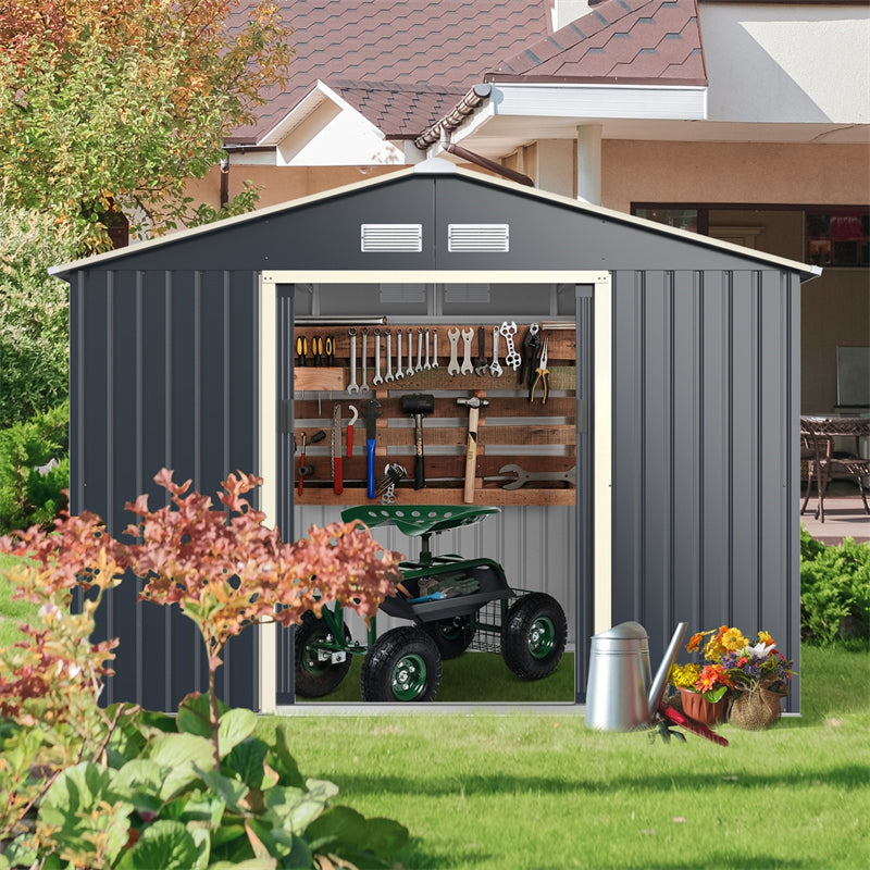 9 x 6 FT Outdoor Metal Storage Shed with 4 Air Vents & Sliding Double Lockable Doors, Backyard Tool Shed Garden Storage House