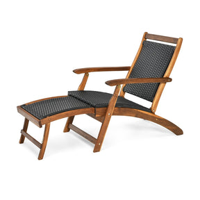 Acacia Wood Rattan Folding Outdoor Chaise Lounge Chair with Retractable Footrest, Pool Lounge Chair Patio Sun Lounger