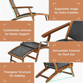 Acacia Wood Rattan Folding Outdoor Chaise Lounge Chair with Retractable Footrest, Pool Lounge Chair Patio Sun Lounger