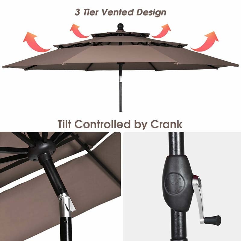10FT 3 Tier Patio Market Umbrella with Crank & Auto-tilt, Double Vented Outdoor Table Umbrella for Backyard, Poolside, Deck,