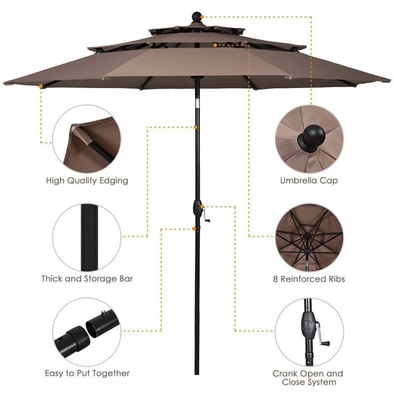 10FT 3 Tier Patio Market Umbrella with Crank & Auto-tilt, Double Vented Outdoor Table Umbrella for Backyard, Poolside, Deck,