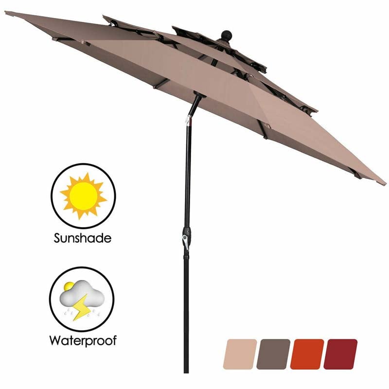 10FT 3 Tier Patio Market Umbrella with Crank & Auto-tilt, Double Vented Outdoor Table Umbrella for Backyard, Poolside, Deck,