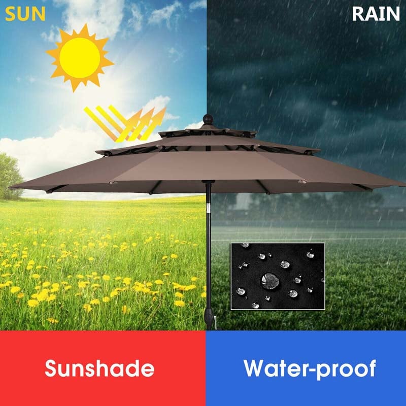10FT 3 Tier Patio Market Umbrella with Crank & Auto-tilt, Double Vented Outdoor Table Umbrella for Backyard, Poolside, Deck,