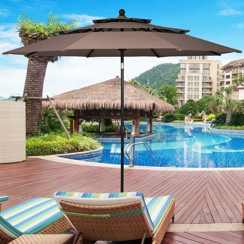 10FT 3 Tier Patio Market Umbrella with Crank & Auto-tilt, Double Vented Outdoor Table Umbrella for Backyard, Poolside, Deck,