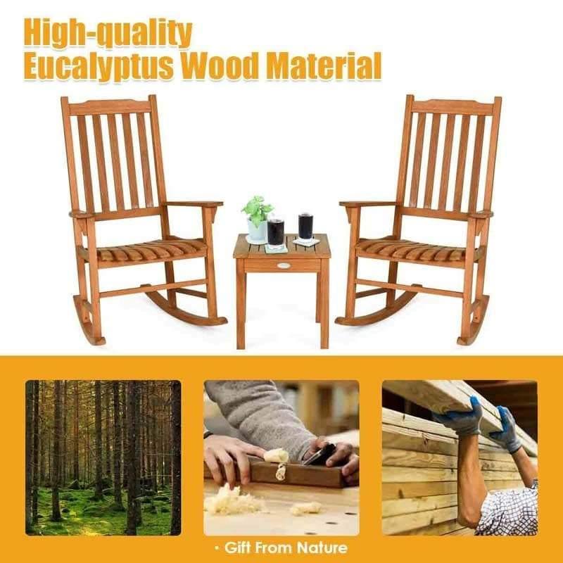 3 Piece Eucalyptus Wood Patio Rocking Chair Set, Outdoor Rocker Bistro Set with Coffee Table for Backyard, Balcony