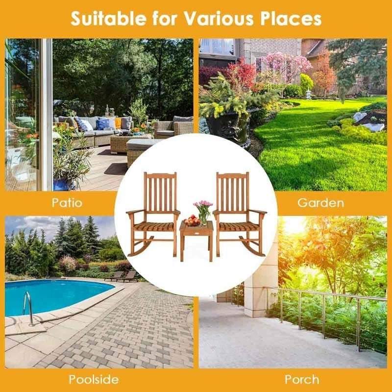 3 Piece Eucalyptus Wood Patio Rocking Chair Set, Outdoor Rocker Bistro Set with Coffee Table for Backyard, Balcony