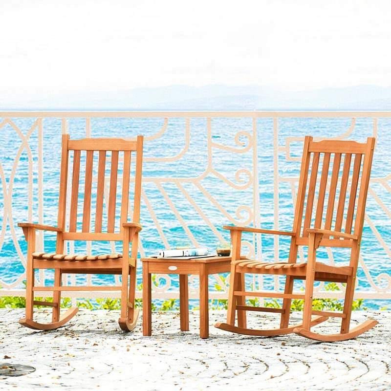 3 Piece Eucalyptus Wood Patio Rocking Chair Set, Outdoor Rocker Bistro Set with Coffee Table for Backyard, Balcony