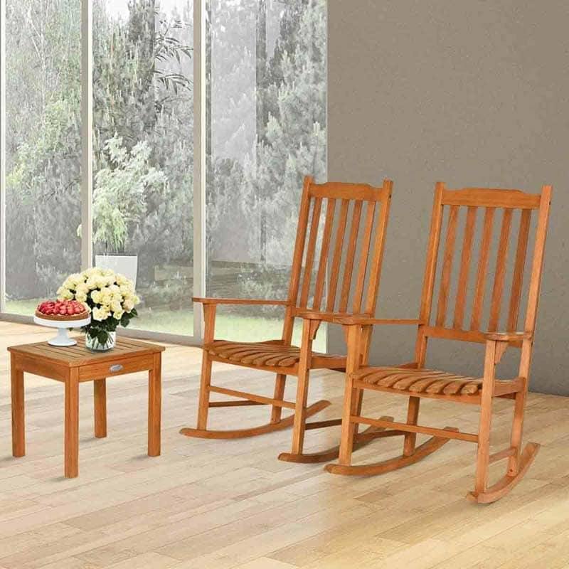 3 Piece Eucalyptus Wood Patio Rocking Chair Set, Outdoor Rocker Bistro Set with Coffee Table for Backyard, Balcony