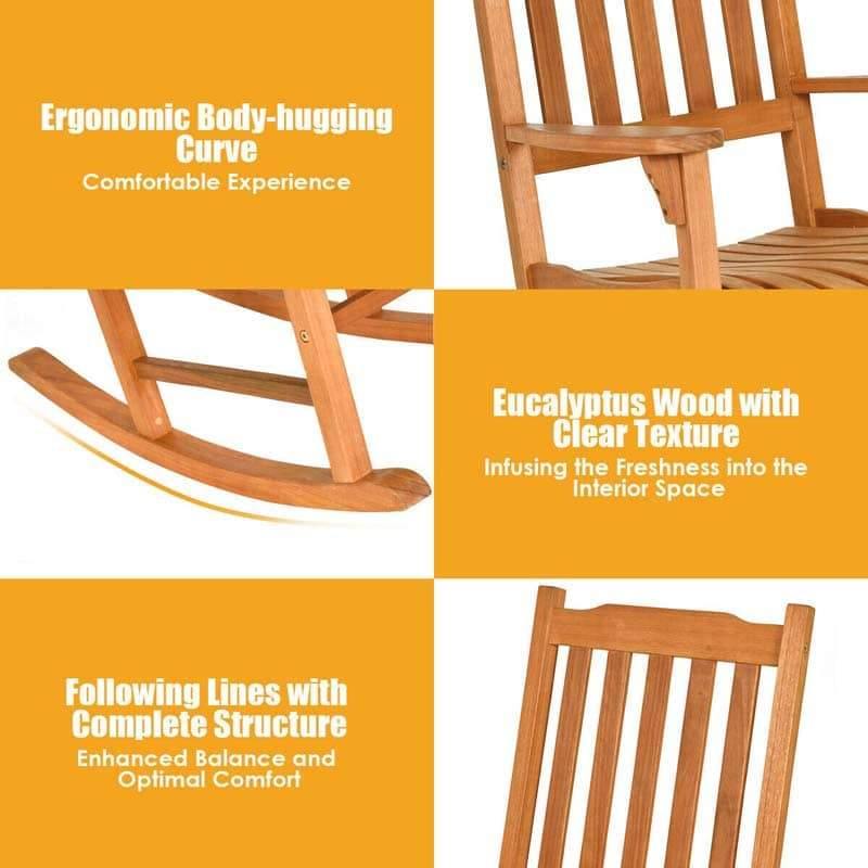 3 Piece Eucalyptus Wood Patio Rocking Chair Set, Outdoor Rocker Bistro Set with Coffee Table for Backyard, Balcony