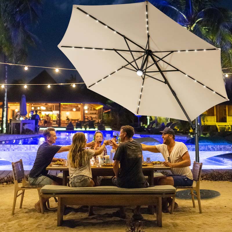 10 FT Cantilever Offset Patio Umbrella 28 Solar LED Lighted Market Umbrella with 3-Tilt Position, Crossed Base