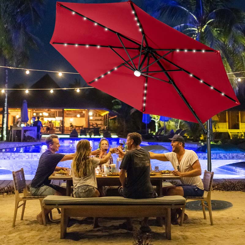 10 FT Cantilever Offset Patio Umbrella 28 Solar LED Lighted Market Umbrella with 3-Tilt Position, Crossed Base