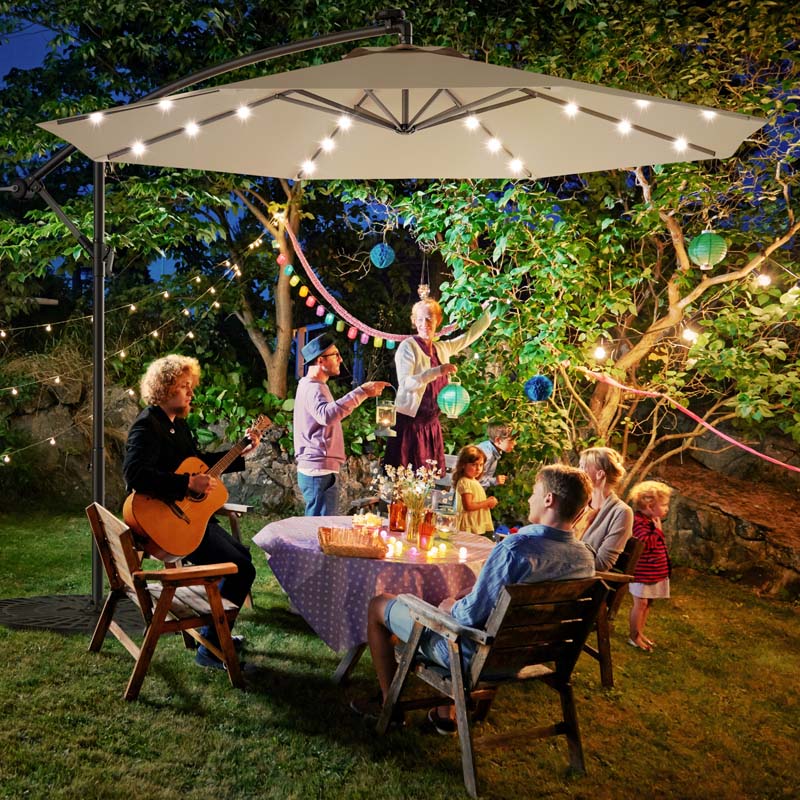 10FT Offset Patio Umbrella with 40 Solar LED Lights & Cross Base, Large Outdoor Cantilever Umbrella for Sun Rain