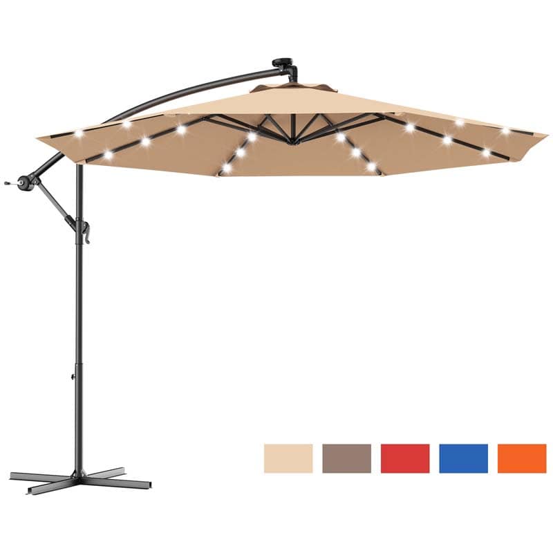10FT Offset Patio Umbrella with 40 Solar LED Lights & Cross Base, Large Outdoor Cantilever Umbrella for Sun Rain