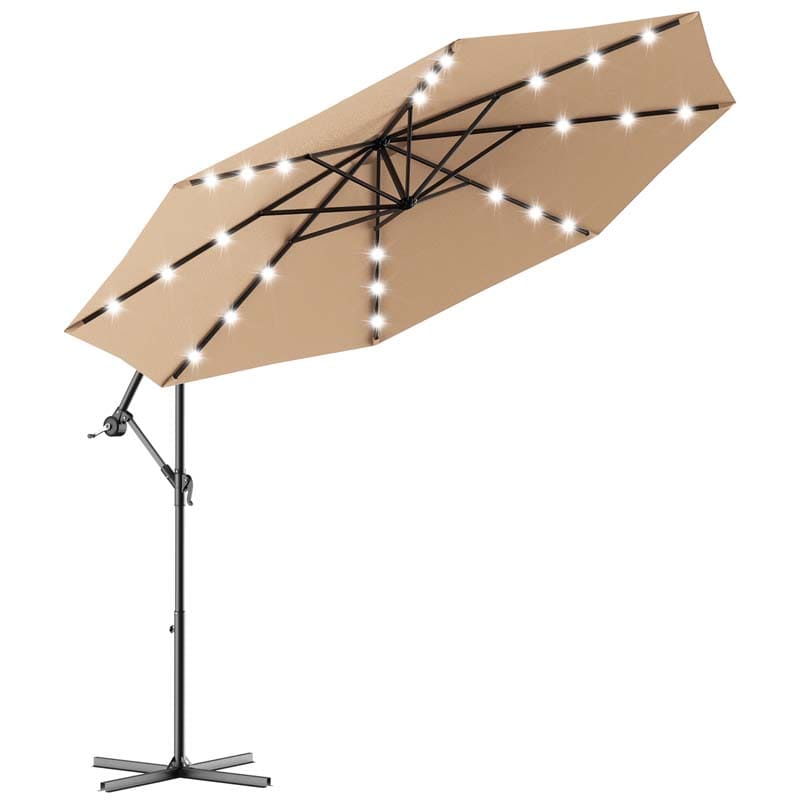 10FT Offset Patio Umbrella with 40 Solar LED Lights & Cross Base, Large Outdoor Cantilever Umbrella for Sun Rain