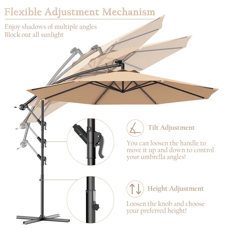 10FT Offset Patio Umbrella with 40 Solar LED Lights & Cross Base, Large Outdoor Cantilever Umbrella for Sun Rain
