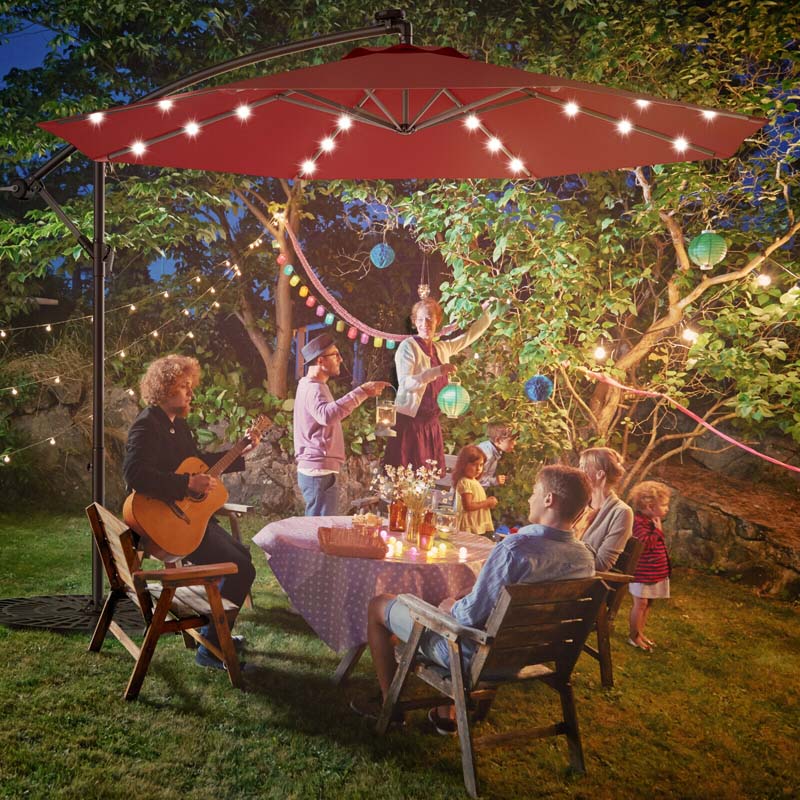 10FT Offset Patio Umbrella with 40 Solar LED Lights & Cross Base, Large Outdoor Cantilever Umbrella for Sun Rain