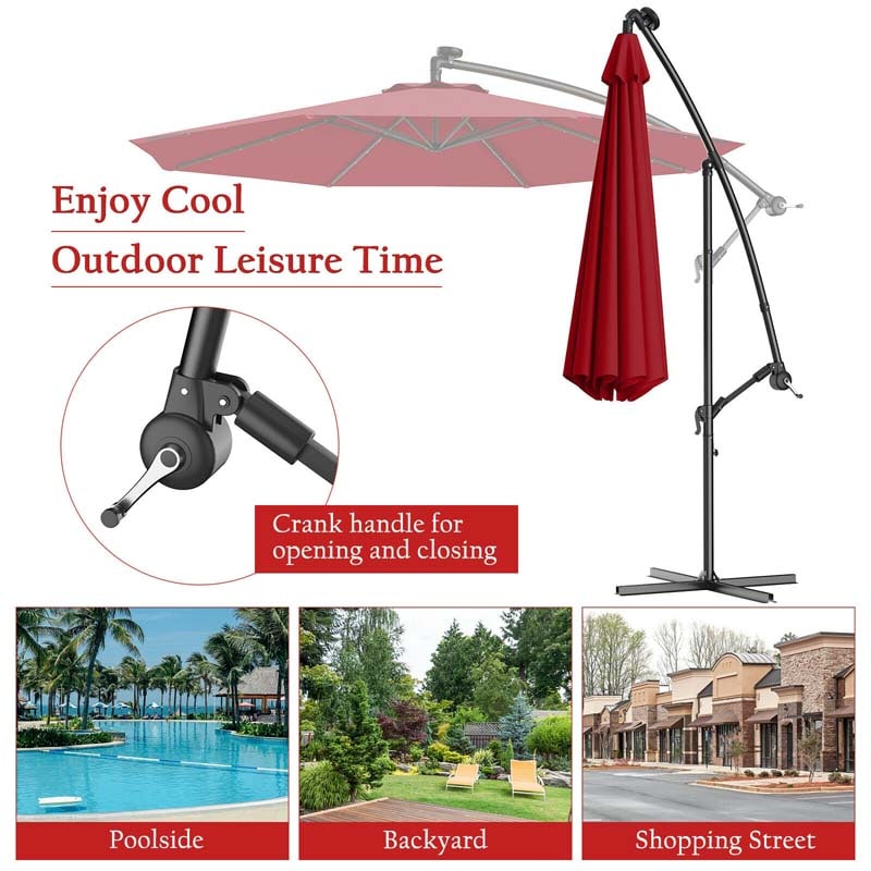 10FT Offset Patio Umbrella with 40 Solar LED Lights & Cross Base, Large Outdoor Cantilever Umbrella for Sun Rain