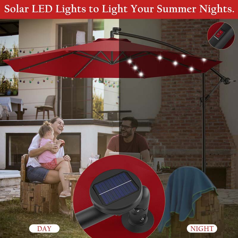 10FT Offset Patio Umbrella with 40 Solar LED Lights & Cross Base, Large Outdoor Cantilever Umbrella for Sun Rain