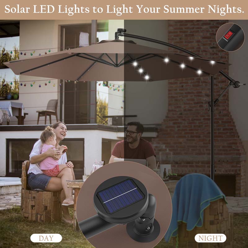 10FT Offset Patio Umbrella with 40 Solar LED Lights & Cross Base, Large Outdoor Cantilever Umbrella for Sun Rain