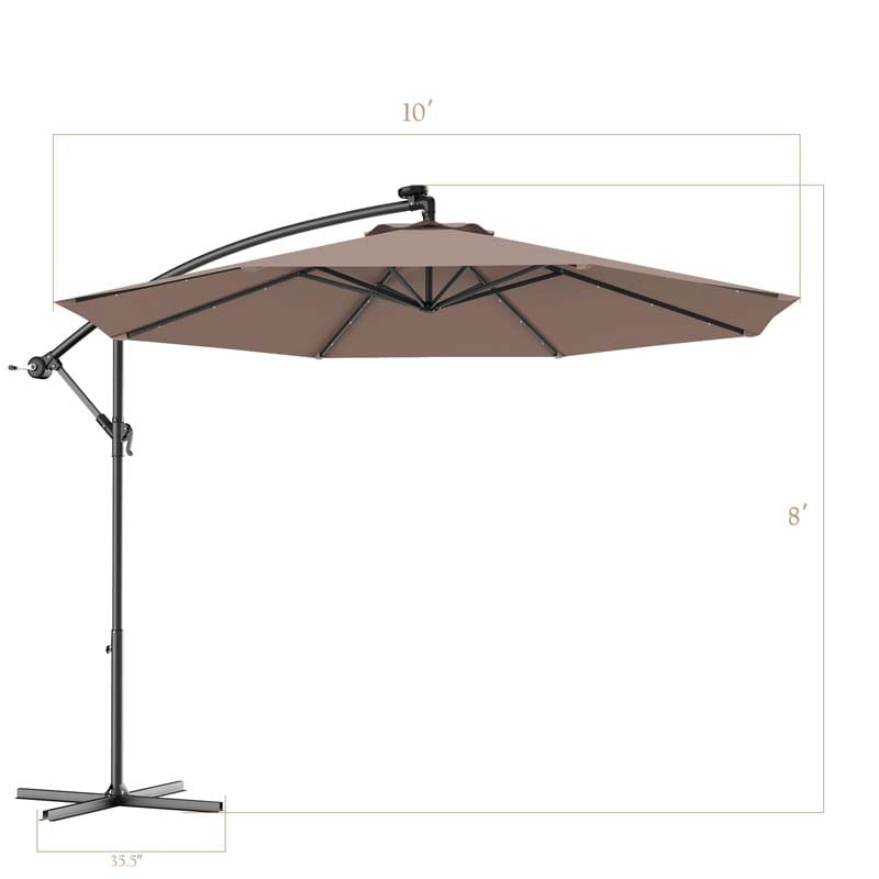 10 FT Offset Patio Umbrella with Solar LED Lights & Cross Base, Large Outdoor Cantilever Umbrella for Sun Rain