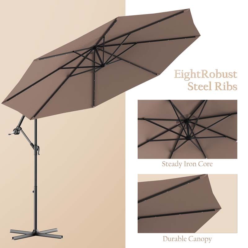 10FT Offset Patio Umbrella with 40 Solar LED Lights & Cross Base, Large Outdoor Cantilever Umbrella for Sun Rain