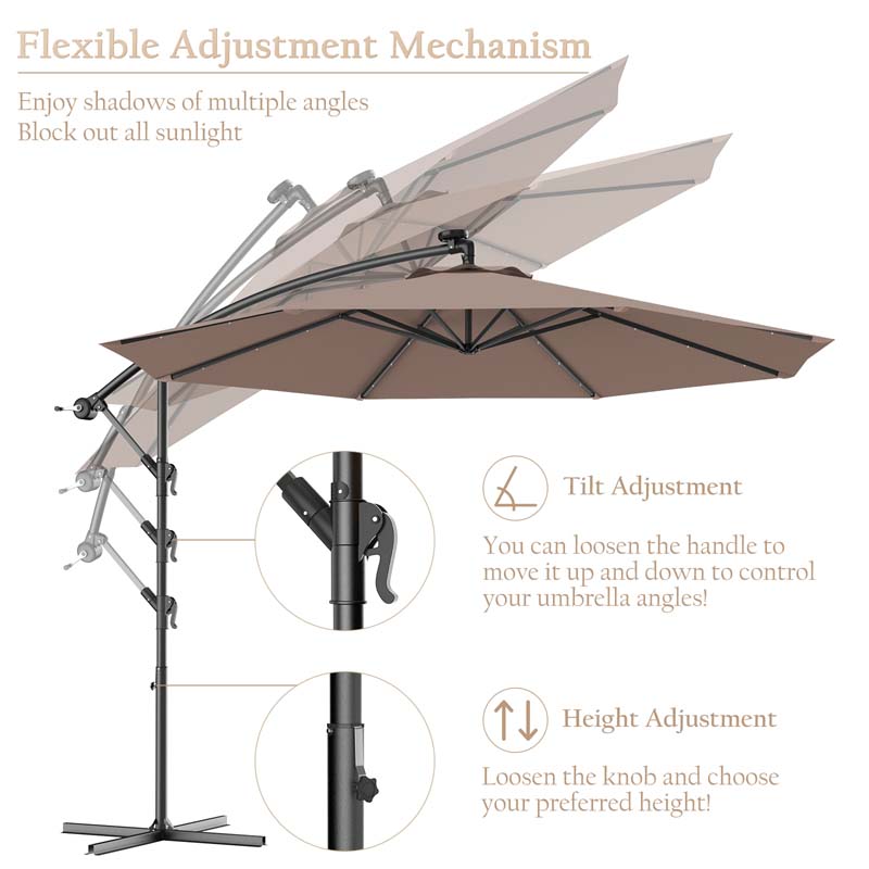 10FT Offset Patio Umbrella with 40 Solar LED Lights & Cross Base, Large Outdoor Cantilever Umbrella for Sun Rain