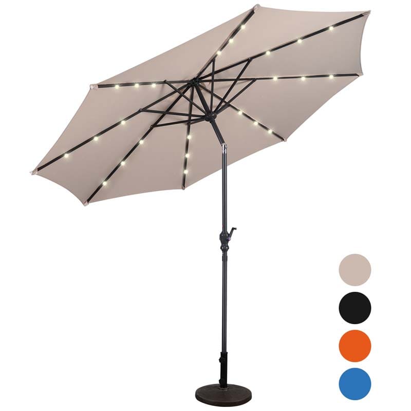10FT Patio Umbrella with Solar LED Lights & Crank, Easy Tilt Outdoor Market Umbrella for Backyard, Poolside, Deck
