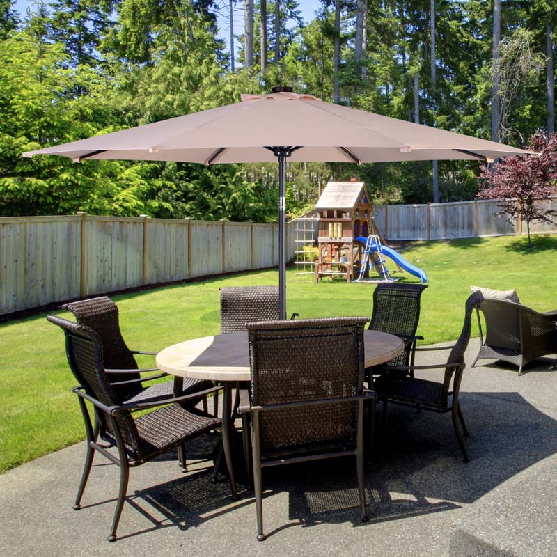 10FT Patio Umbrella with Solar LED Lights & Crank, Easy Tilt Outdoor Market Umbrella for Backyard, Poolside, Deck