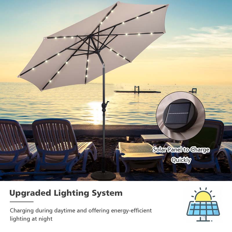 10FT Patio Umbrella with Solar LED Lights & Crank, Easy Tilt Outdoor Market Umbrella for Backyard, Poolside, Deck