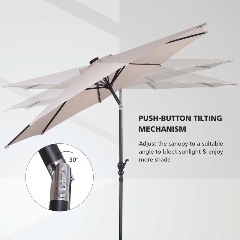 10FT Patio Umbrella with Solar LED Lights & Crank, Easy Tilt Outdoor Market Umbrella for Backyard, Poolside, Deck