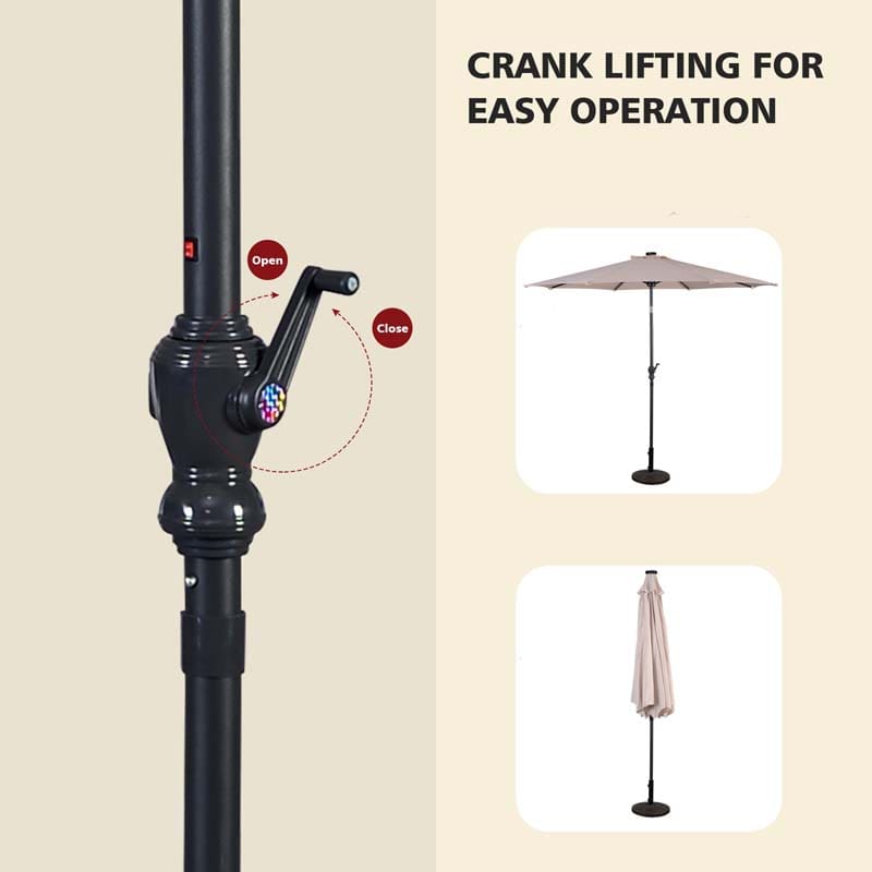 10FT Patio Umbrella with Solar LED Lights & Crank, Easy Tilt Outdoor Market Umbrella for Backyard, Poolside, Deck