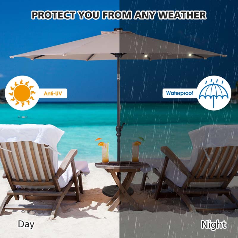 10FT Patio Umbrella with Solar LED Lights & Crank, Easy Tilt Outdoor Market Umbrella for Backyard, Poolside, Deck