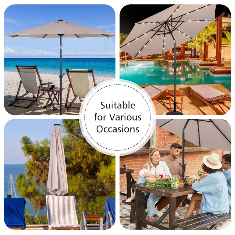 10FT Patio Umbrella with Solar LED Lights & Crank, Easy Tilt Outdoor Market Umbrella for Backyard, Poolside, Deck