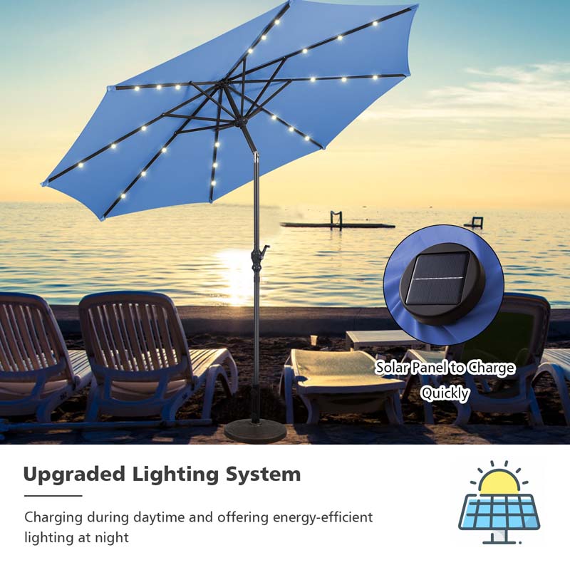 10FT Patio Umbrella with Solar LED Lights & Crank, Easy Tilt Outdoor Market Umbrella for Backyard, Poolside, Deck