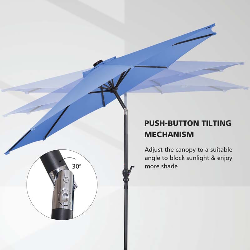 10FT Patio Umbrella with Solar LED Lights & Crank, Easy Tilt Outdoor Market Umbrella for Backyard, Poolside, Deck