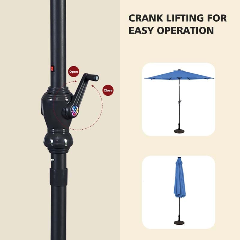 10FT Patio Umbrella with Solar LED Lights & Crank, Easy Tilt Outdoor Market Umbrella for Backyard, Poolside, Deck