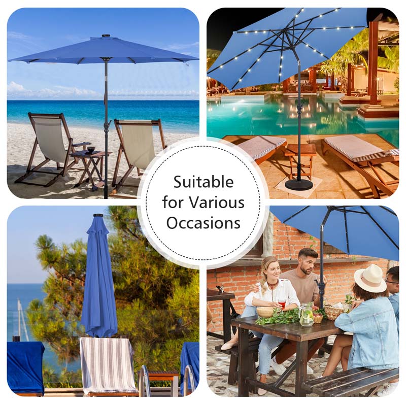 10FT Patio Umbrella with Solar LED Lights & Crank, Easy Tilt Outdoor Market Umbrella for Backyard, Poolside, Deck