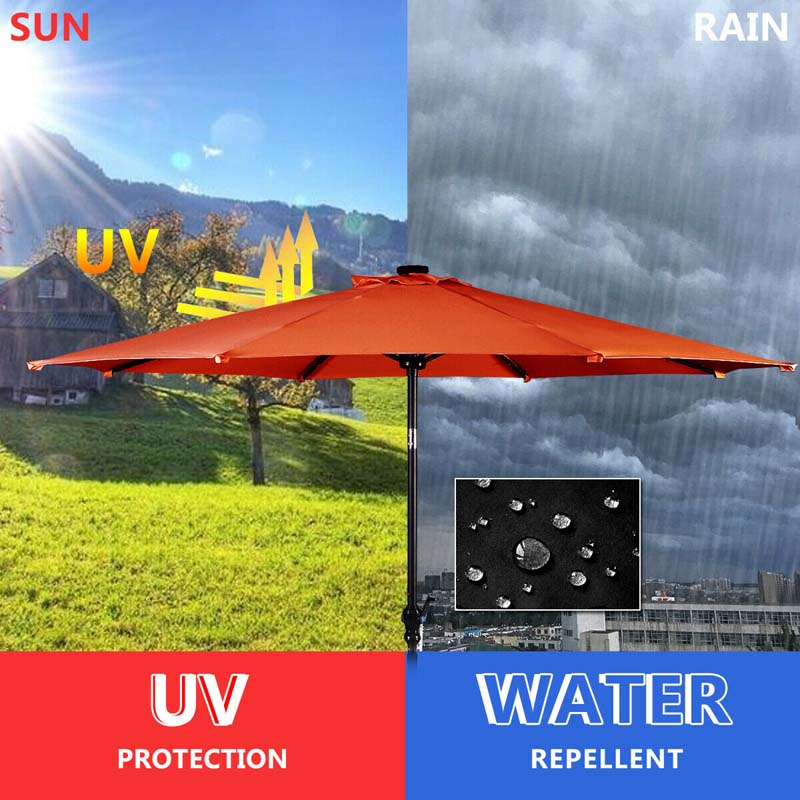 10FT Patio Umbrella with Solar LED Lights & Crank, Easy Tilt Outdoor Market Umbrella for Backyard, Poolside, Deck