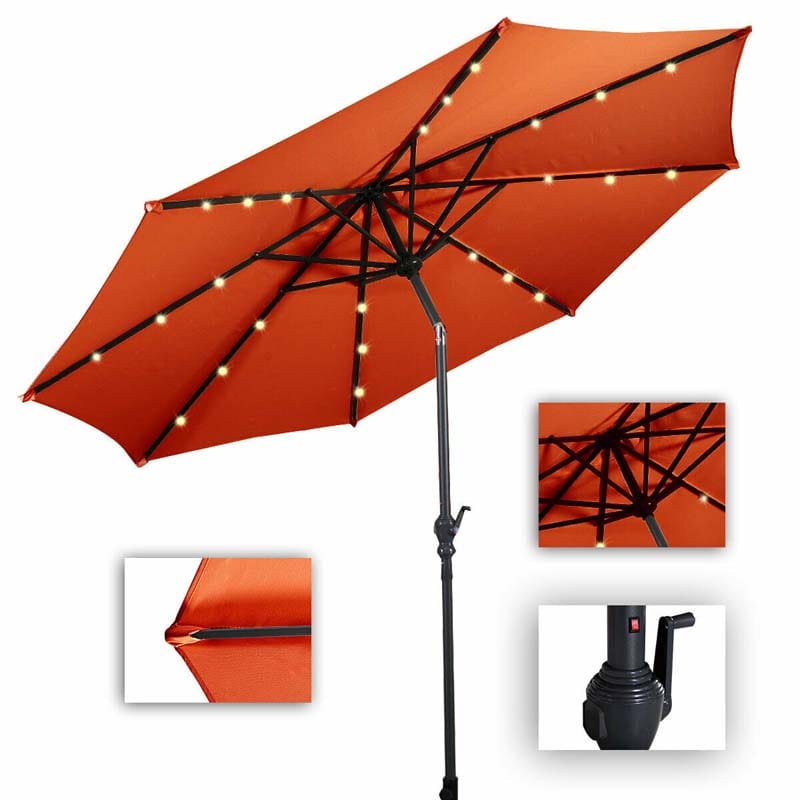10FT Patio Umbrella with Solar LED Lights & Crank, Easy Tilt Outdoor Market Umbrella for Backyard, Poolside, Deck