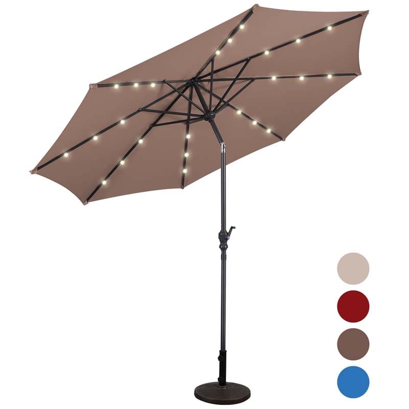 10FT Patio Umbrella with Solar LED Lights & Crank, Easy Tilt Outdoor Market Umbrella for Backyard, Poolside, Deck