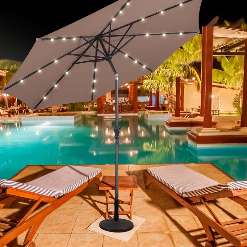 10FT Patio Umbrella with Solar LED Lights & Crank, Easy Tilt Outdoor Market Umbrella for Backyard, Poolside, Deck