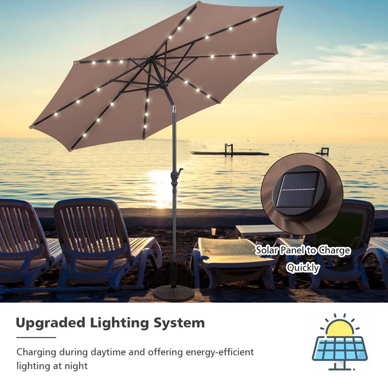 10FT Patio Umbrella with Solar LED Lights & Crank, Easy Tilt Outdoor Market Umbrella for Backyard, Poolside, Deck