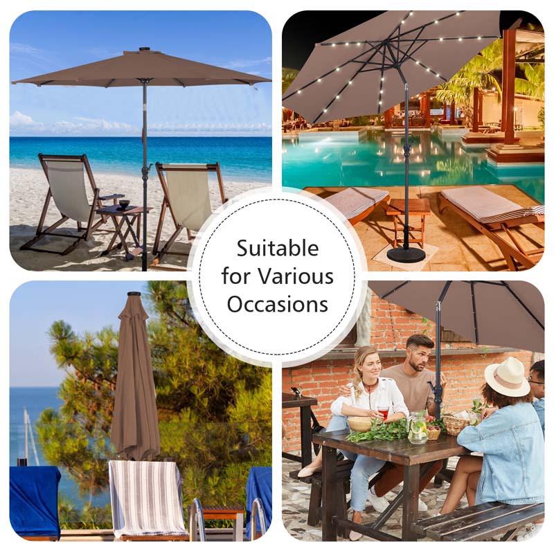 10FT Patio Umbrella with Solar LED Lights & Crank, Easy Tilt Outdoor Market Umbrella for Backyard, Poolside, Deck