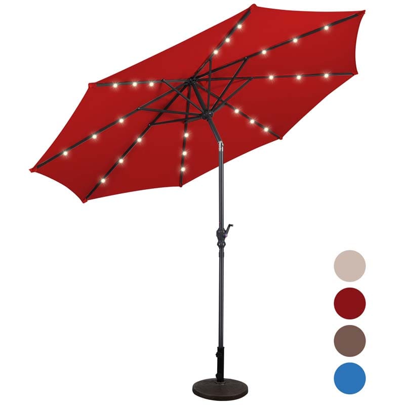 10FT Patio Umbrella with Solar LED Lights & Crank, Easy Tilt Outdoor Market Umbrella for Backyard, Poolside, Deck