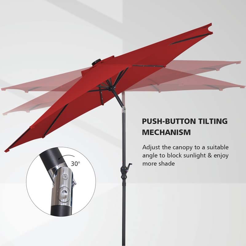 10FT Patio Umbrella with Solar LED Lights & Crank, Easy Tilt Outdoor Market Umbrella for Backyard, Poolside, Deck