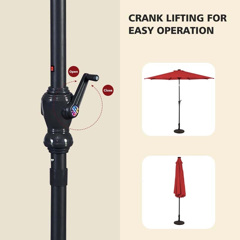 10FT Patio Umbrella with Solar LED Lights & Crank, Easy Tilt Outdoor Market Umbrella for Backyard, Poolside, Deck