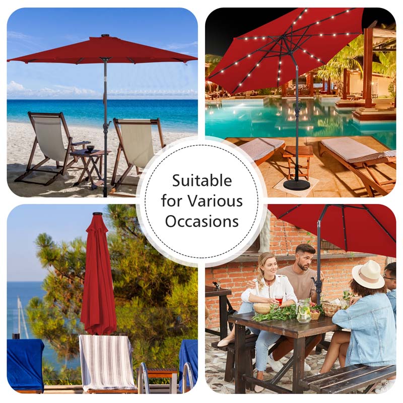 10FT Patio Umbrella with Solar LED Lights & Crank, Easy Tilt Outdoor Market Umbrella for Backyard, Poolside, Deck