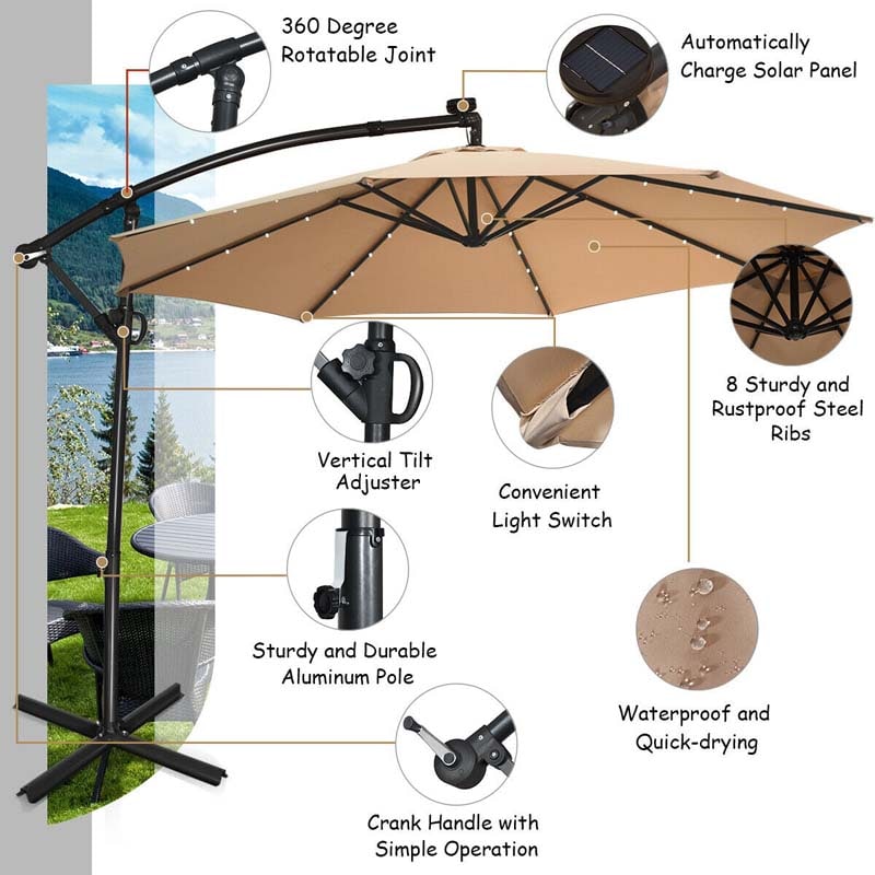 10FT Solar LED Offset Cantilever Umbrella, 360° Rotation Outdoor Patio Market Umbrella with Tilt Adjustment, Cross Base & Crank Handle